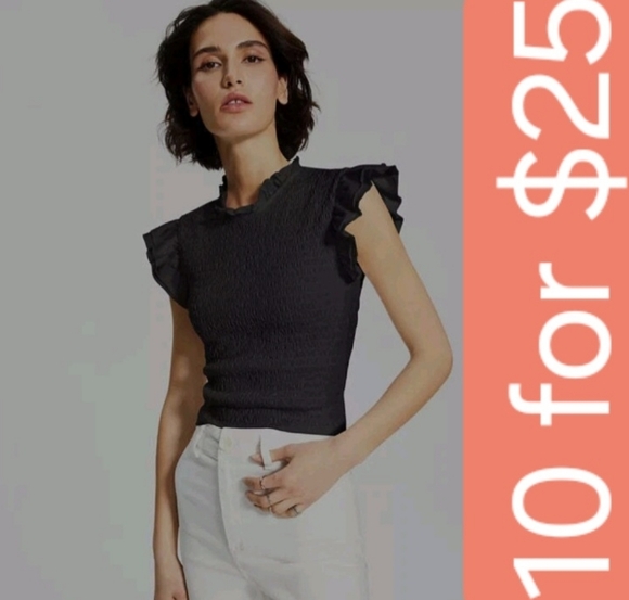 French Connection Tops - French Connection Black Smocked Ruffle-Edge Tank Top